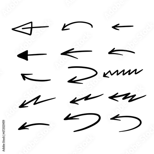 Hand drawn doodle arrow set left direction. Black color in cartoon style vector art.