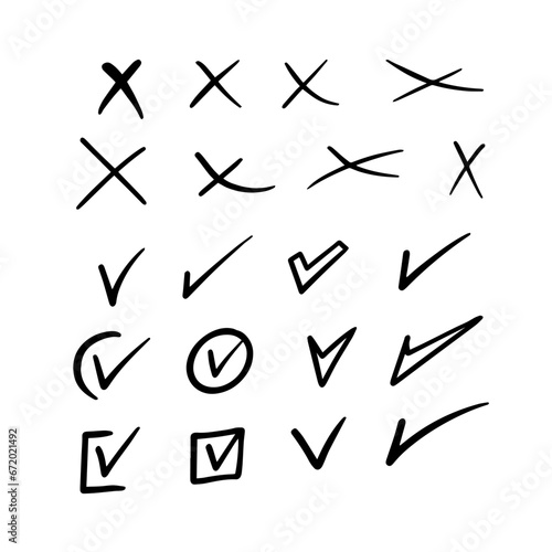 A hand drawn doodle icons set cross and tick. Black color line art style.
