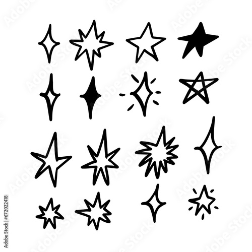 Hand drawn different doodle stars set. Black color in cartoon comic style vector art.