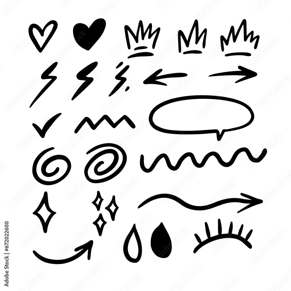 Abstract doodle different elements set. Black color hand drawn vector art.
