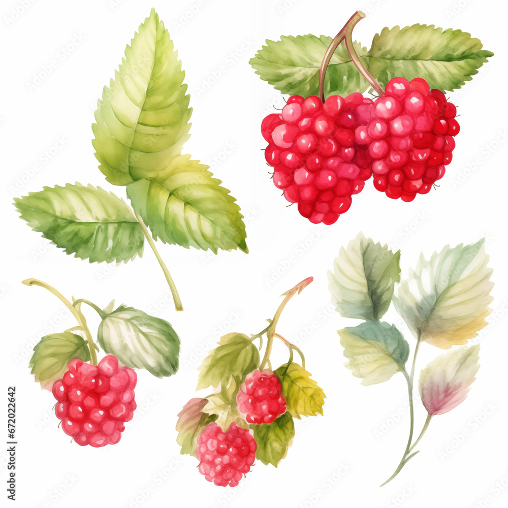 Raspberry in watercolor collection with flower and leaf with branch Raspberry in watercolor collection with flower and leaf with branch