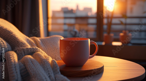 A mug with hot tea and a knitted scarf on a table with a fireplace in the background © tashechka