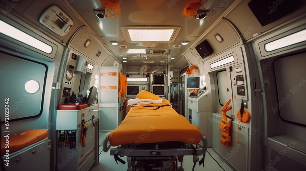 Emergency medical devices, ambulance interior details with necessary ...