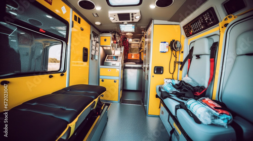 Emergency medical devices, ambulance interior details with necessary patient care equipment. Basic emergency for quick health help service. photo