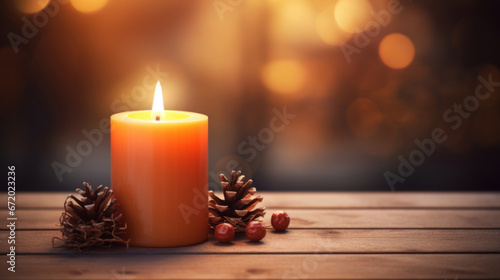 Burning candle on a wooden table with fall decoration