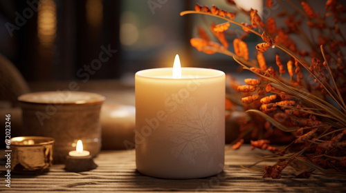 Burning candle on a wooden table with fall decoration