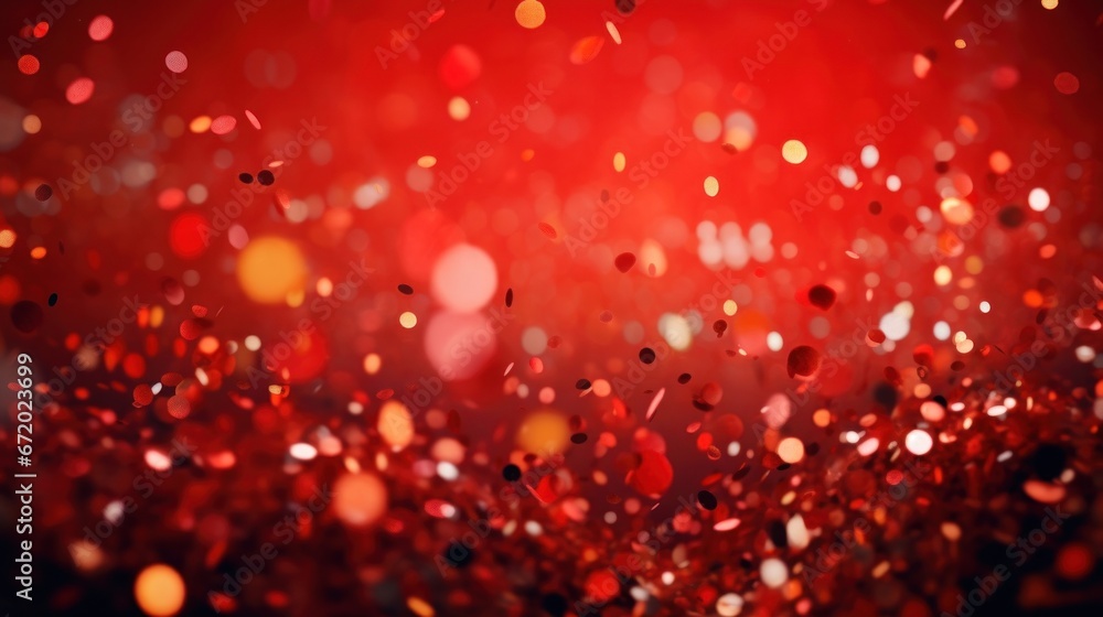 A festive and colorful party with flying neon confetti on a red background A festive and colorful party with flying neon confetti on a red background
