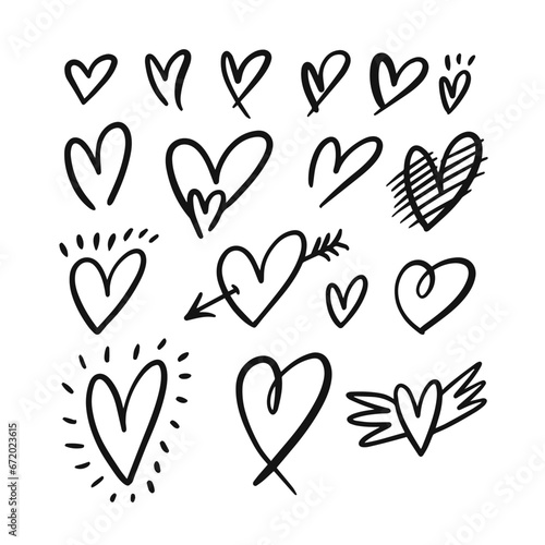 Handwritten different heart sign set doodle icons.