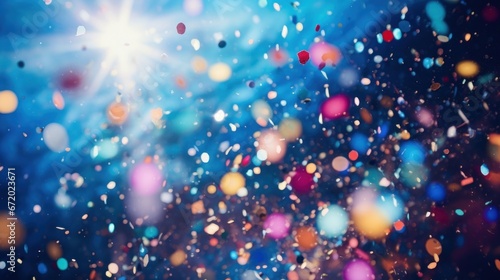 A festive and colorful party with flying neon confetti on a blue background