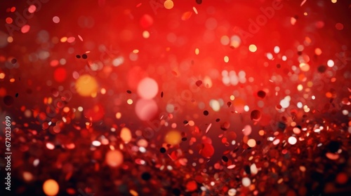 A festive and colorful party with flying neon confetti on a red background