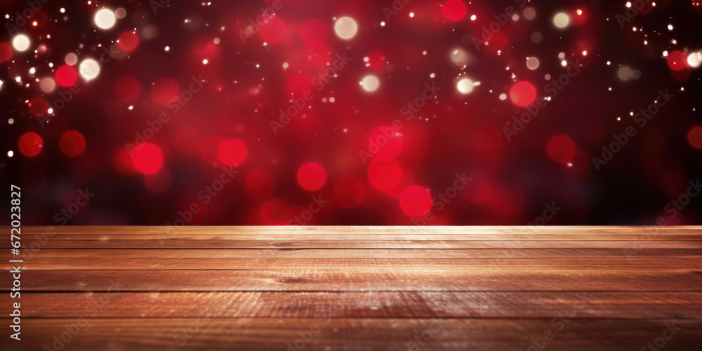 Empty old wooden table over magic red Christmas bokeh background Empty old wooden table over magic red Christmas bokeh background