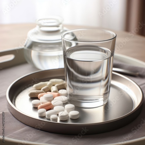 glass of water and a plate of pills on a tray