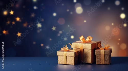 Golden gift presents on a light dark blue background with colorful bokeh and stars glittering © tashechka