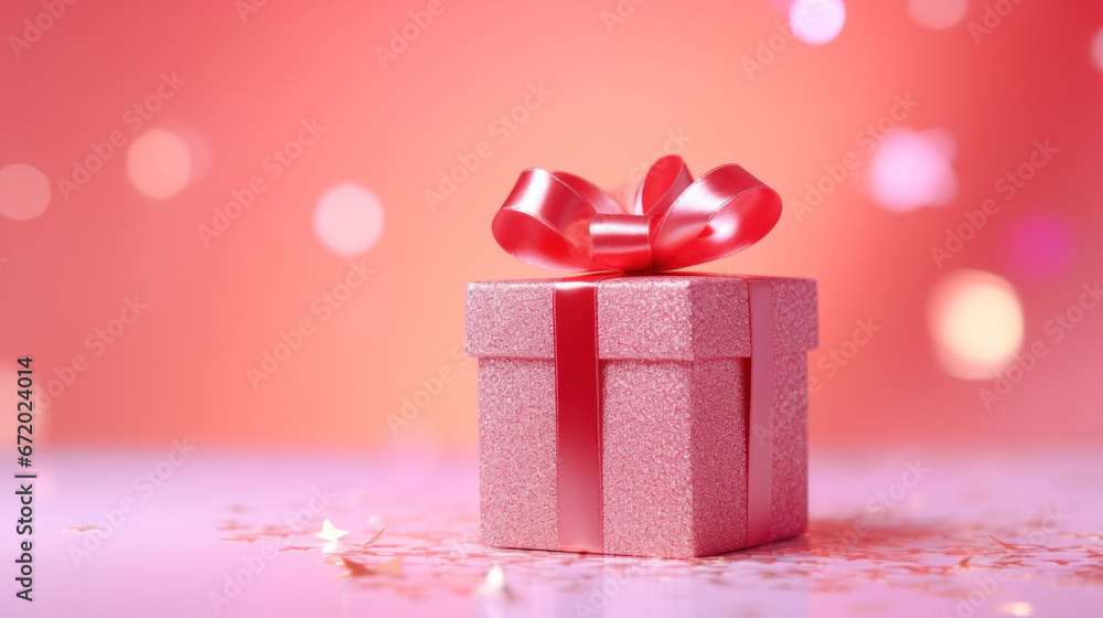 Red gift box with a red bow on pink background Red gift box with a red bow on pink background