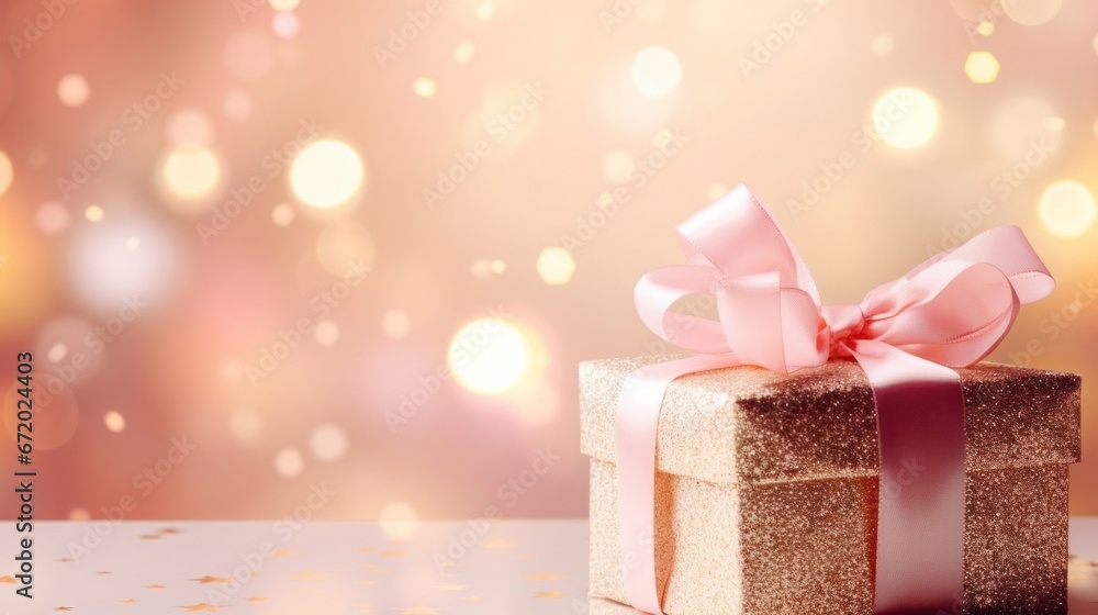 Fototapeta premium Golden gift present on a light soft pastel pink background with colorful bokeh and stars glittering