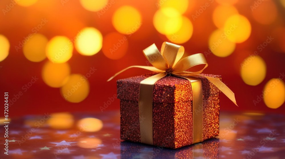 Golden gift presents on a light dark red background with colorful bokeh and stars glittering Golden gift presents on a light dark red background with colorful bokeh and stars glittering