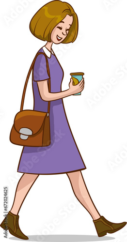 Illustration of a Girl Walking with a Bag and a Coffee Cup