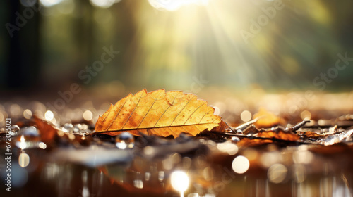 Close up of a autumn yellow leaf on the ground