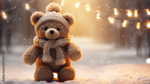 Toy bear with knitted hat and scarf photo