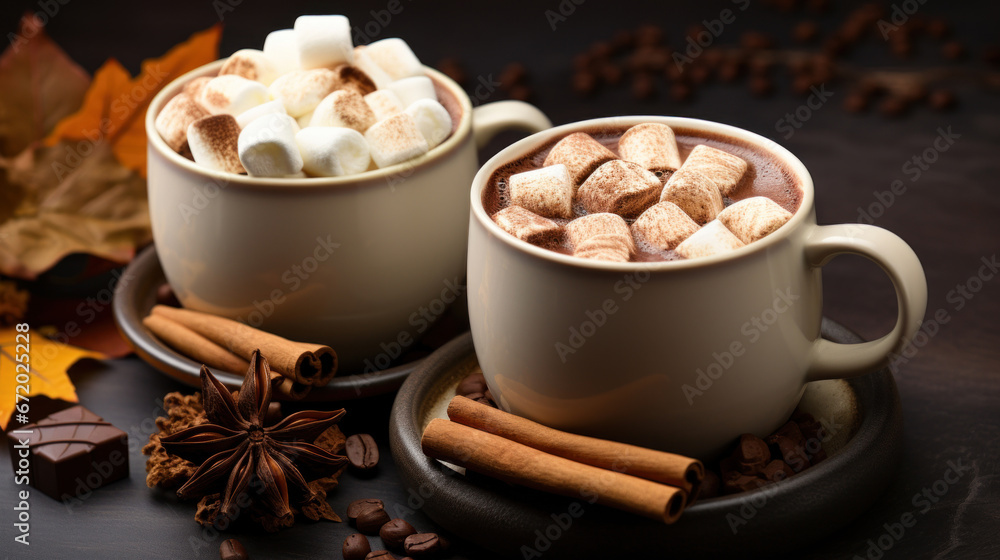 Two cups of hot chocolate with marshmallows Two cups of hot chocolate with marshmallows
