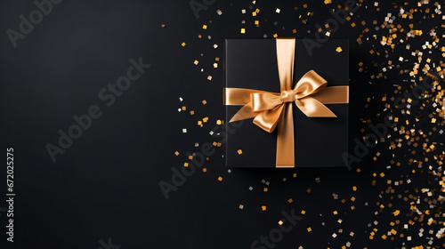 Top View Gift Box with Black Ribbon and Golden Confetti. © Mishu