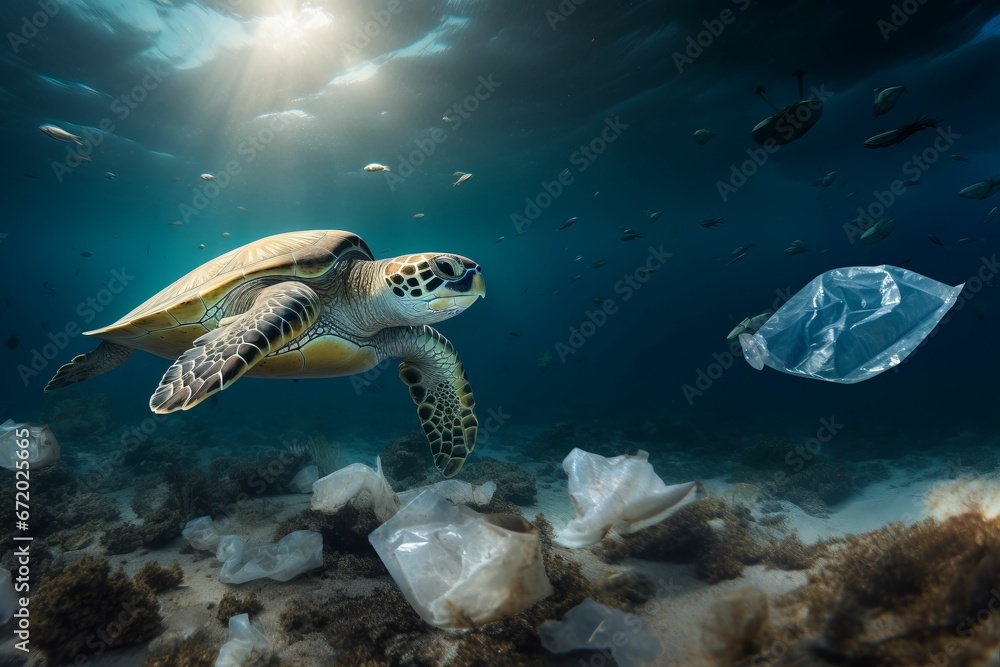 Fototapeta premium AI generated illustration of A green sea turtle swimming in a deep, blue ocean