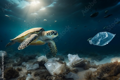 AI generated illustration of A green sea turtle swimming in a deep, blue ocean