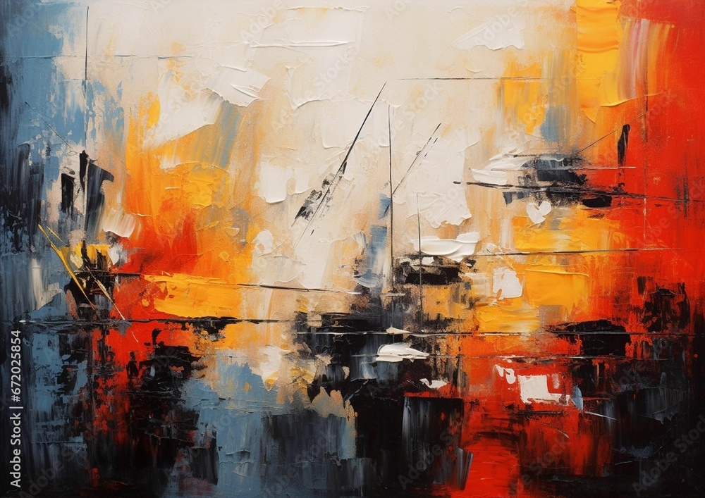 abstract painting on a canvas in orange, black and white
