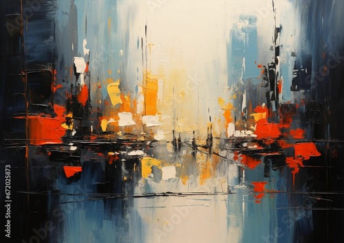 abstract painting on canvas of city lights in rain and sunlight