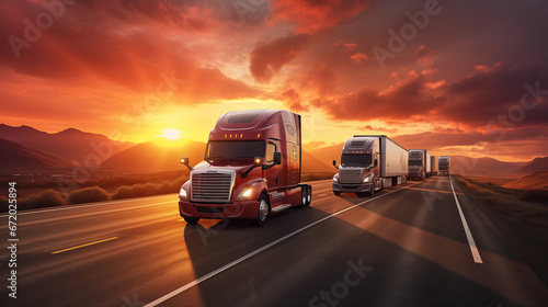 Commercial trucks and trailers on scenic highway at sunset