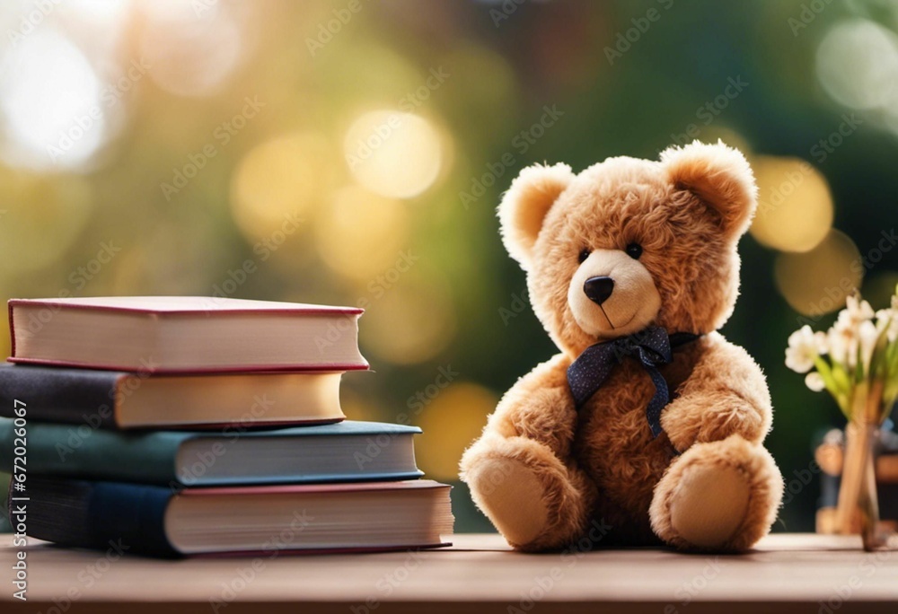 AI generated illustration of a teddy bear next to a pile of books on a shelf AI generated illustration of a teddy bear next to a pile of books on a shelf