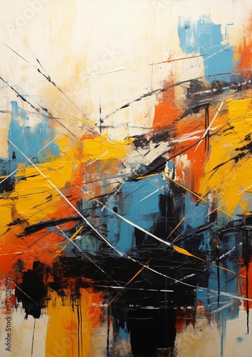 abstract painting in blue, yellow and red colors with black dots