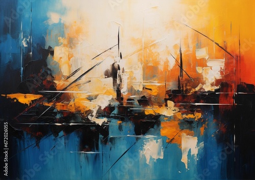 an abstract painting with a person standing on a boat at sunset