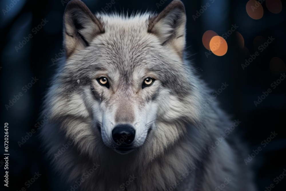 AI generated illustration of a gray wolf under the moonlight