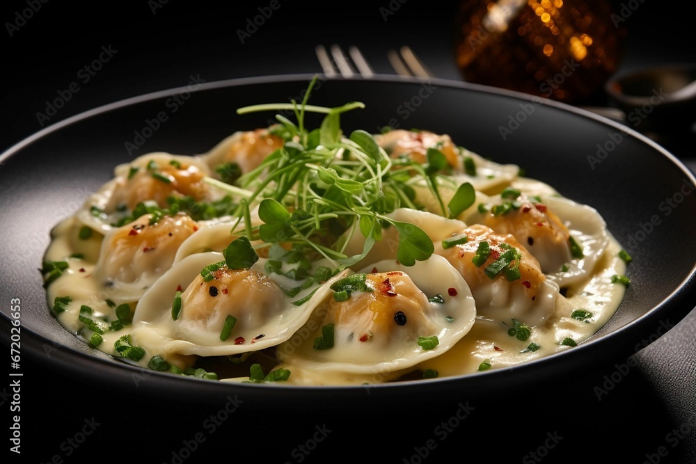AI generated illustration of a delicious ravioli topped with herbs AI generated illustration of a delicious ravioli topped with herbs