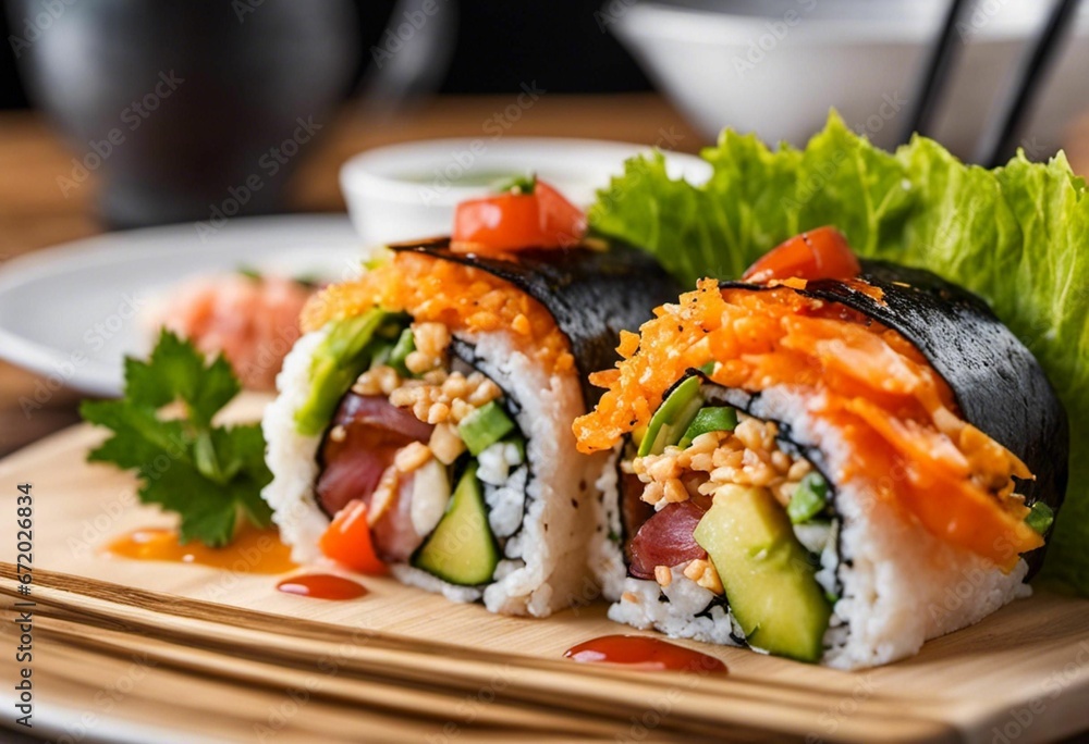 Closeup shot of delicious pieces of sushi rolls, AI-generated. Closeup shot of delicious pieces of sushi rolls, AI-generated.