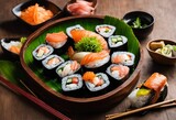 Closeup shot of delicious pieces of sushi rolls, AI-generated.