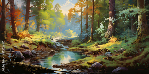 scenic painting of the woodland landscape, a picturesque forest environment in natural colours photo