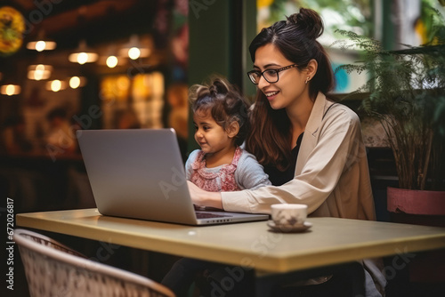 little girl using laptop with mother