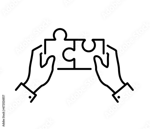 Two hands combine jigsaw puzzle pieces. Simple vectoricon  symbol for web and mobile app. Graphic flat line sign isolated on white.