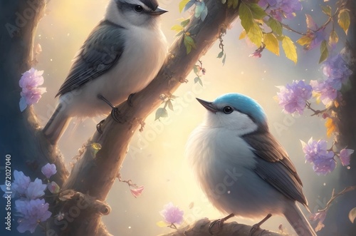 AI generated illustration of two birds perched on a flowering tree branch