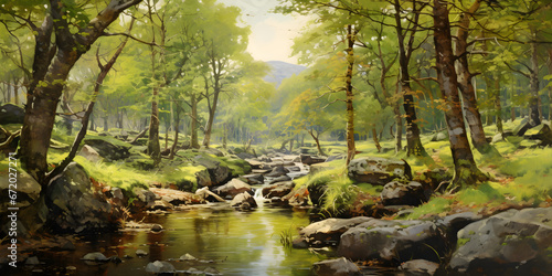 scenic painting of the woodland landscape  a picturesque forest environment in natural colours