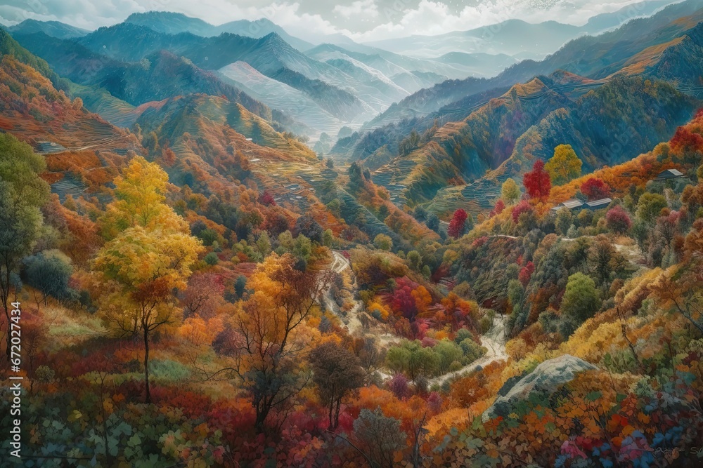 AI generated illustration of a vibrant autumnal landscape with a lush valley with colorful trees