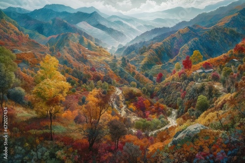 AI generated illustration of a vibrant autumnal landscape with a lush valley with colorful trees © Wirestock