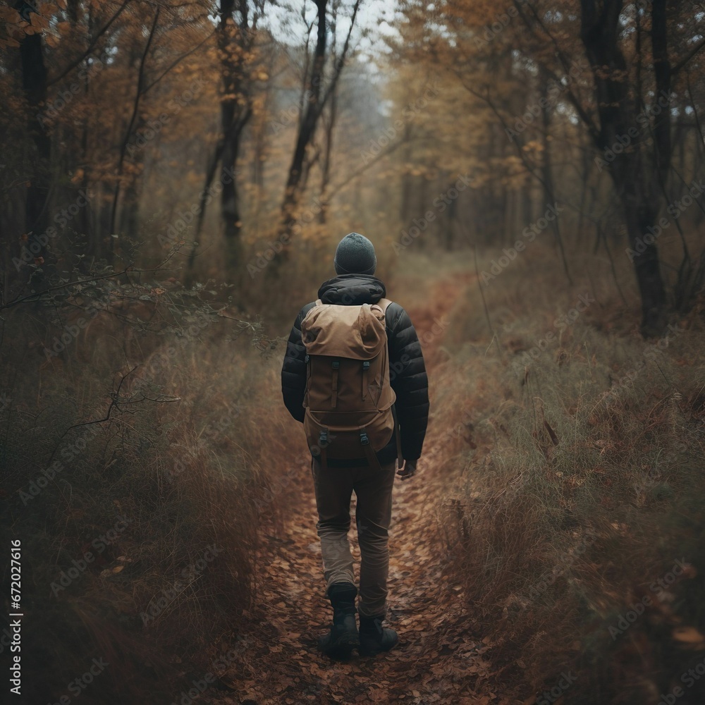 AI generated illustration of a young man on a dirt path, wearing a backpack