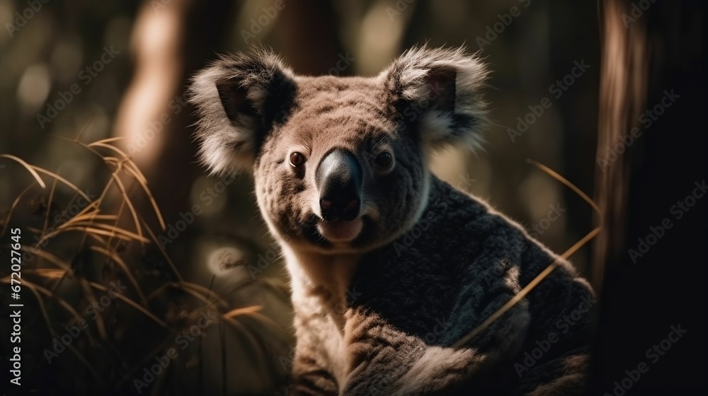 AI generated illustration of an adorable koala on a grassy knoll surrounded by trees and branches AI generated illustration of an adorable koala on a grassy knoll surrounded by trees and branches
