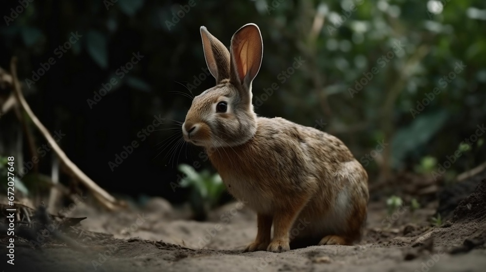 AI generated illustration of a brown rabbit on the dirt on the ground, surrounded by green grass AI generated illustration of a brown rabbit on the dirt on the ground, surrounded by green grass