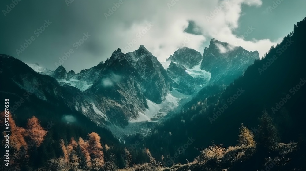 AI generated illustration of a mountain range with tall trees on a foggy day