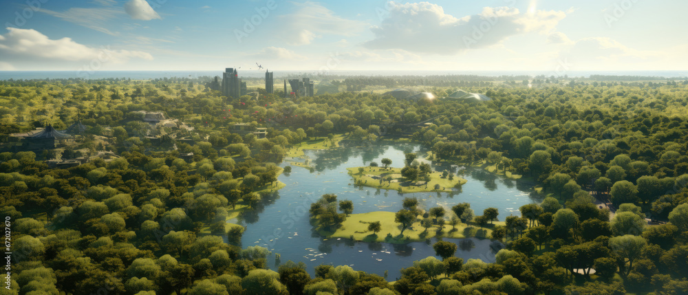 Aerial view of a small urban area with lots of green trees and wild nature