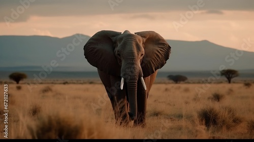 AI generated illustration of an elephant against a stunning dusky sky, walking through a desert